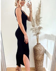 Sleeveless Ribbed Knit Bodycon Dress with Side Split in Black