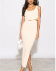 Knitted bodycon style vest top with tie up design and midi pencil skirt co-ords set in beige