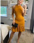 High Neck Pleated Metallic Bodycon Dress Knee Length In Gold