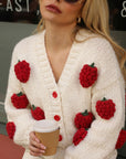 Hand-Knitted Strawberry Appliqué Cardigan in Ivory