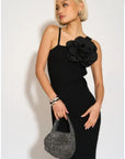 Knitted stretch cotton Bodycon midi dress with Camellias Brooches in black