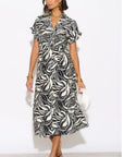 Multi Leaves' print Cotton Linen shirt dress short sleeves in Black