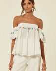 Off shoulder multicolor tasseled trim top (WHITE)