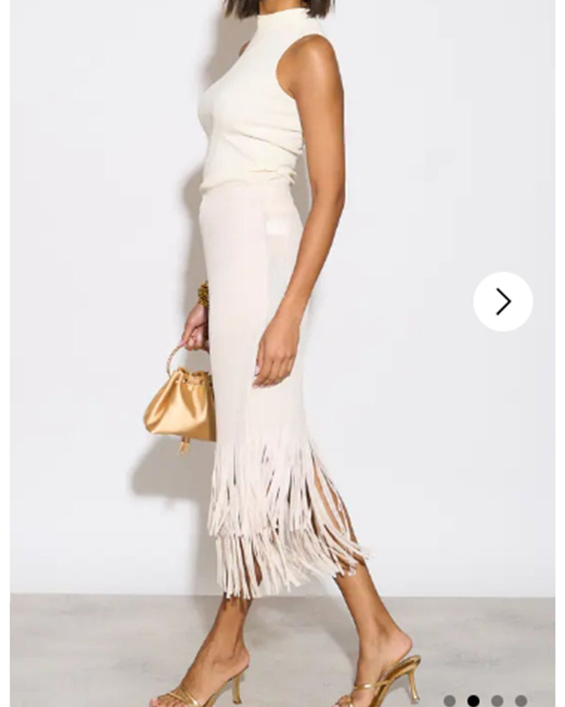 Pleated Midi Skirt with multi fringed tassel hem design in White