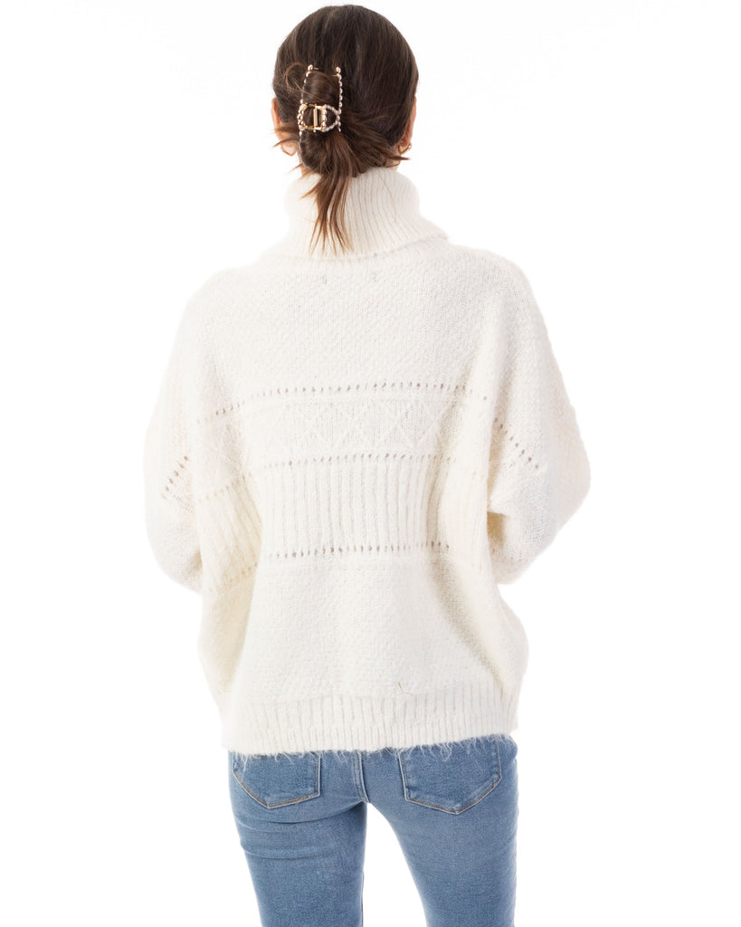 Relaxed-fit Roll- neck Jumper with open-work design in cream