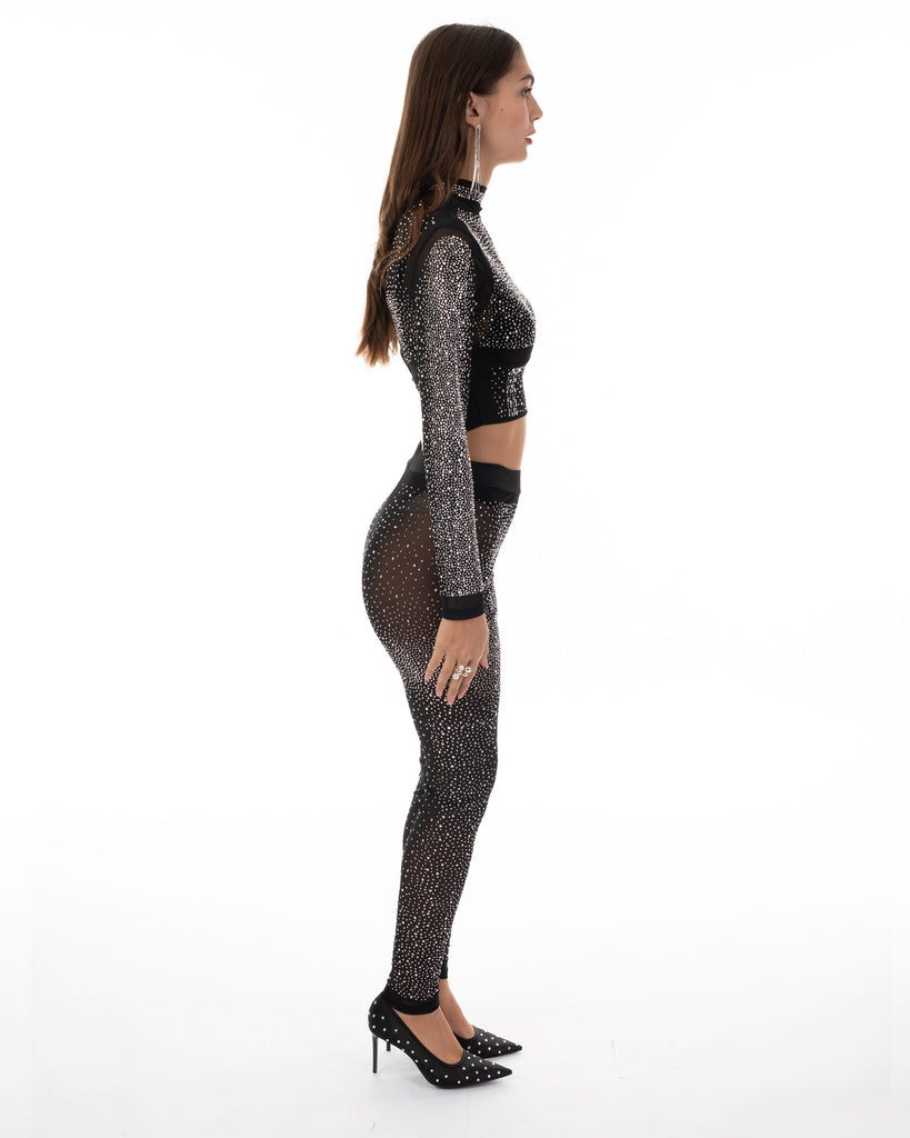 Multi Diamond Embellished Crop Top and Leggings Co-ords in Sliver