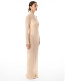 Multi Diamond and Pearls Embellished with Chain drop long sleeves dress in Beige