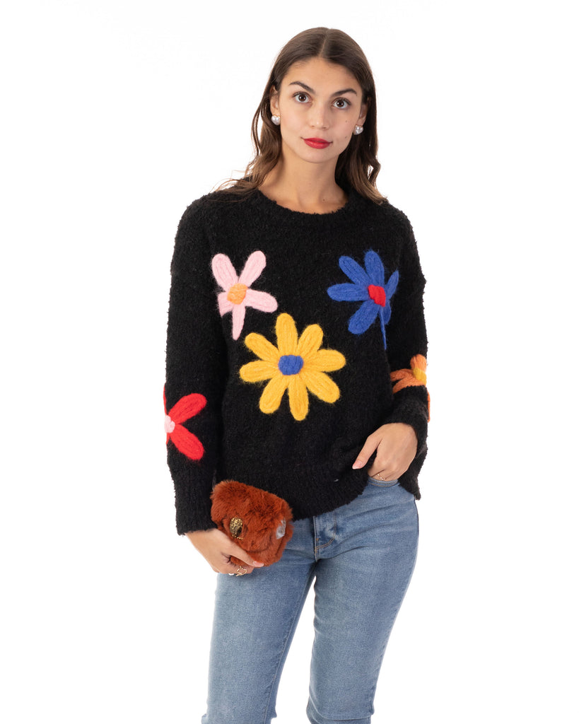 Floral Pattern Embroidered Soft knit Long Sleeves Jumper in black