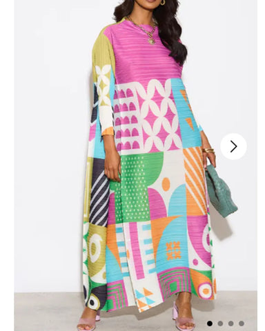 Multi Color Print Pleated Dress in three quarter sleeves in Patch Print