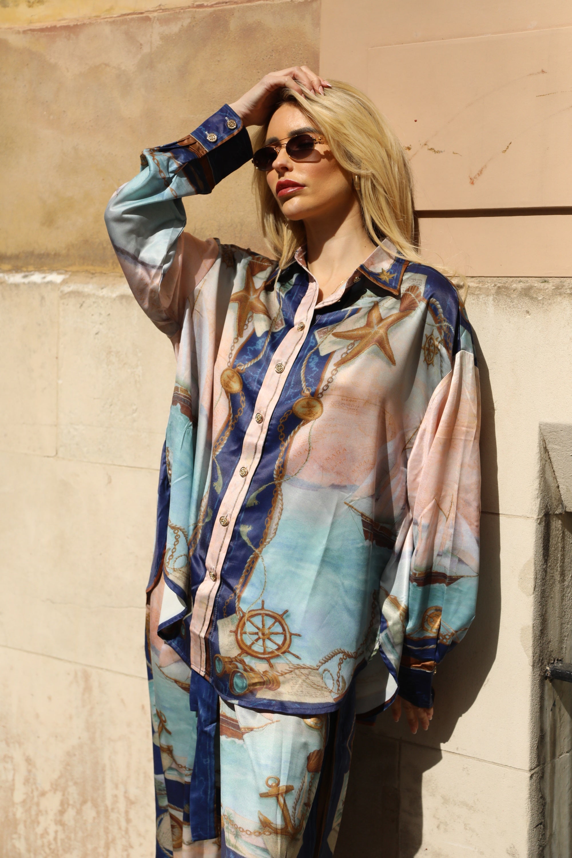Ocean Treasure Print Relaxed Shirt &amp; Trousers Co-Ord Set In Blue