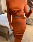 Long Sleeve Knit crop top with side lace up midi skirt co-ords in brown