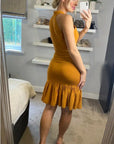 High Neck Pleated Metallic Bodycon Dress Knee Length In Gold
