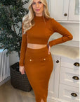 Long sleeves top with buttons design and midi skirt co-ords suits in brown
