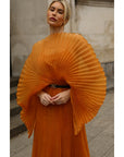 Pleated long dress with organza pleated cape sleeves in Gold