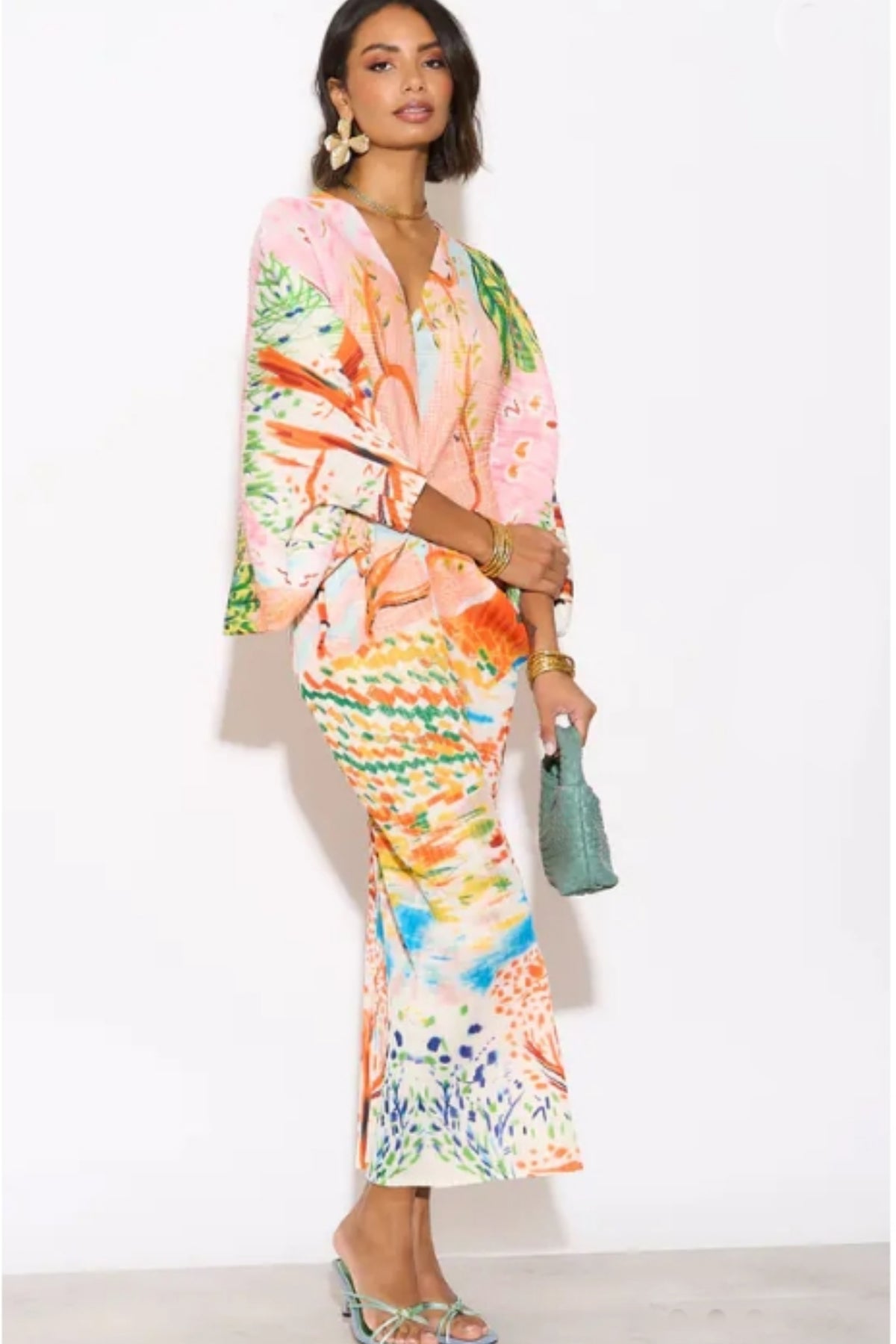 Leaves and Floral Scarf Pirnt Pleated Dress in Kimono sleeves