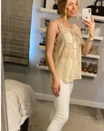Cream Lace Chiffon Top Shirt Blouse with Front Cross Strip Back