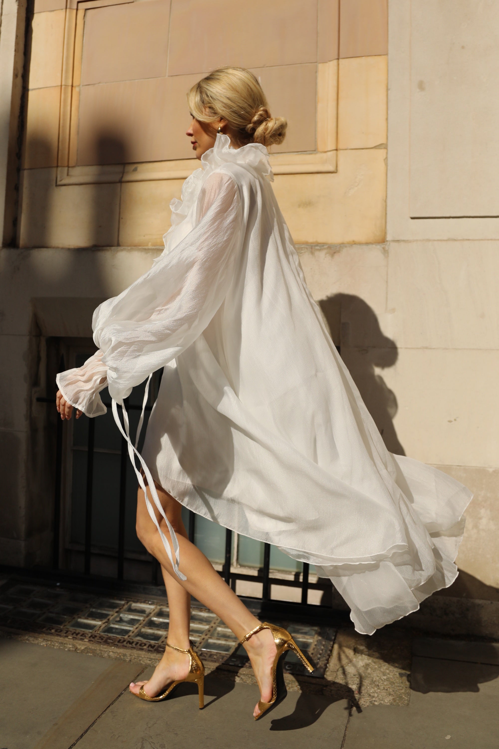 Rose Floral Tie-Neck Oversized Midi Dress In White