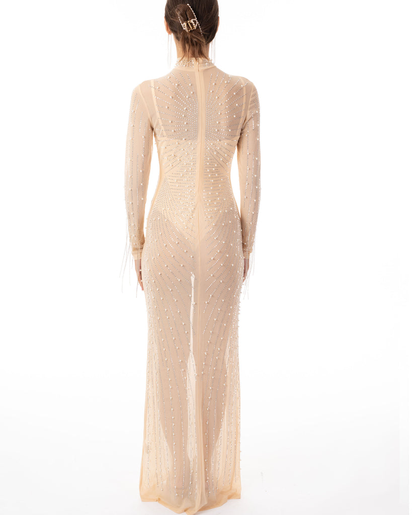 Multi Diamond and Pearls Embellished with Chain drop long sleeves dress in Beige