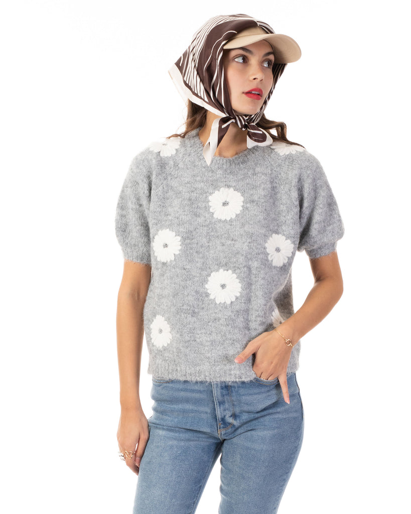 Floral Pattern Embroidered Soft knit Short Sleeves Jumper in Grey