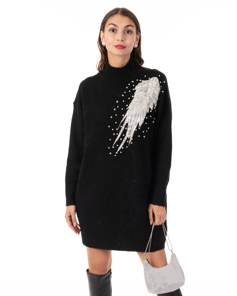 Multi Diamonded and Sequin design pattern Embroidered Long Jumper in Black