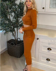 Long sleeves top with buttons design and midi skirt co-ords suits in brown