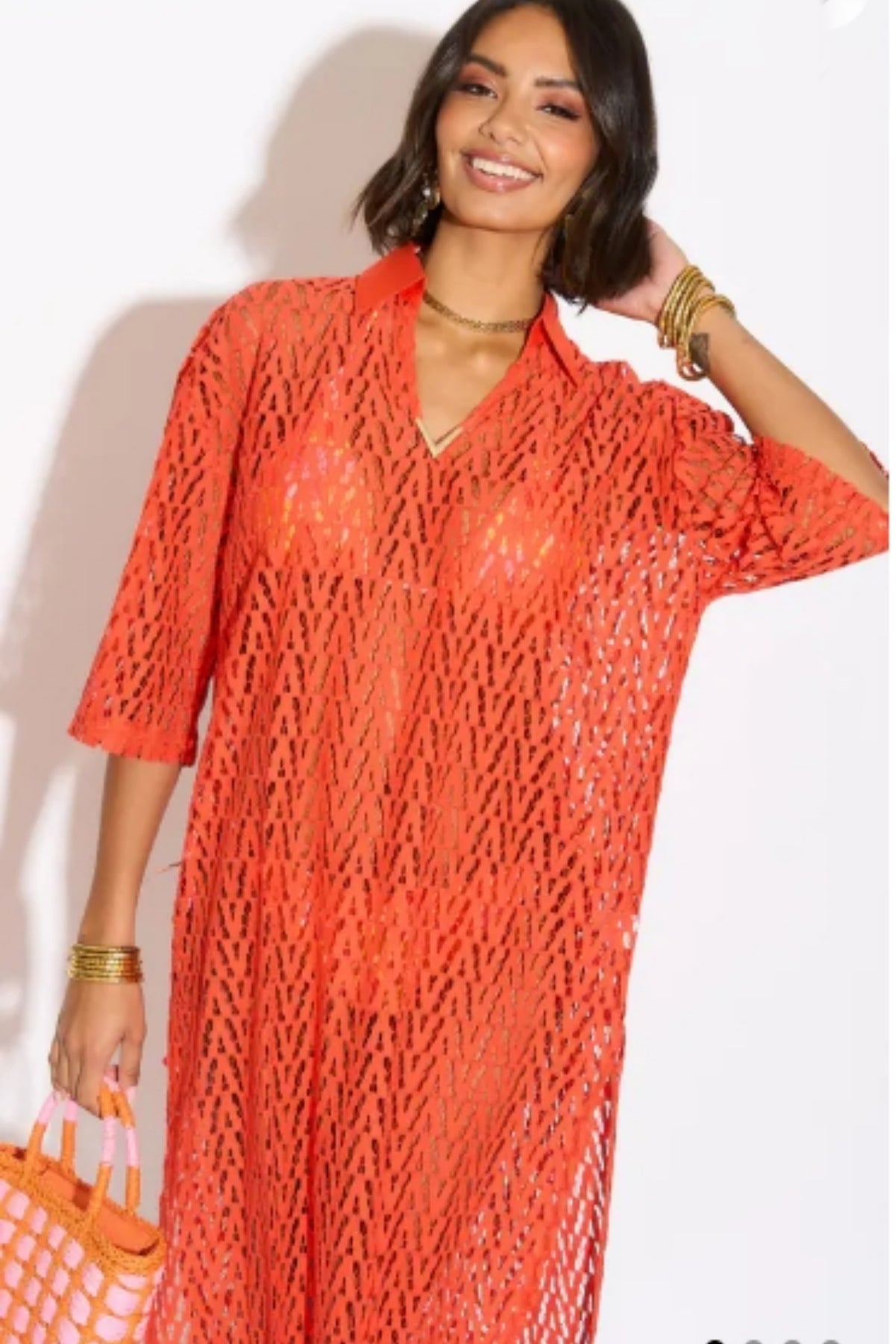 V pattern Lace kaftan dress in Orange Holiday wear collection