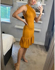 High Neck Pleated Metallic Bodycon Dress Knee Length In Gold