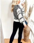 Multi layer ruffle sleeves black white color stripe jumper top