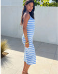 Knitted stripe print with straps design midi bodycon dress in Blue