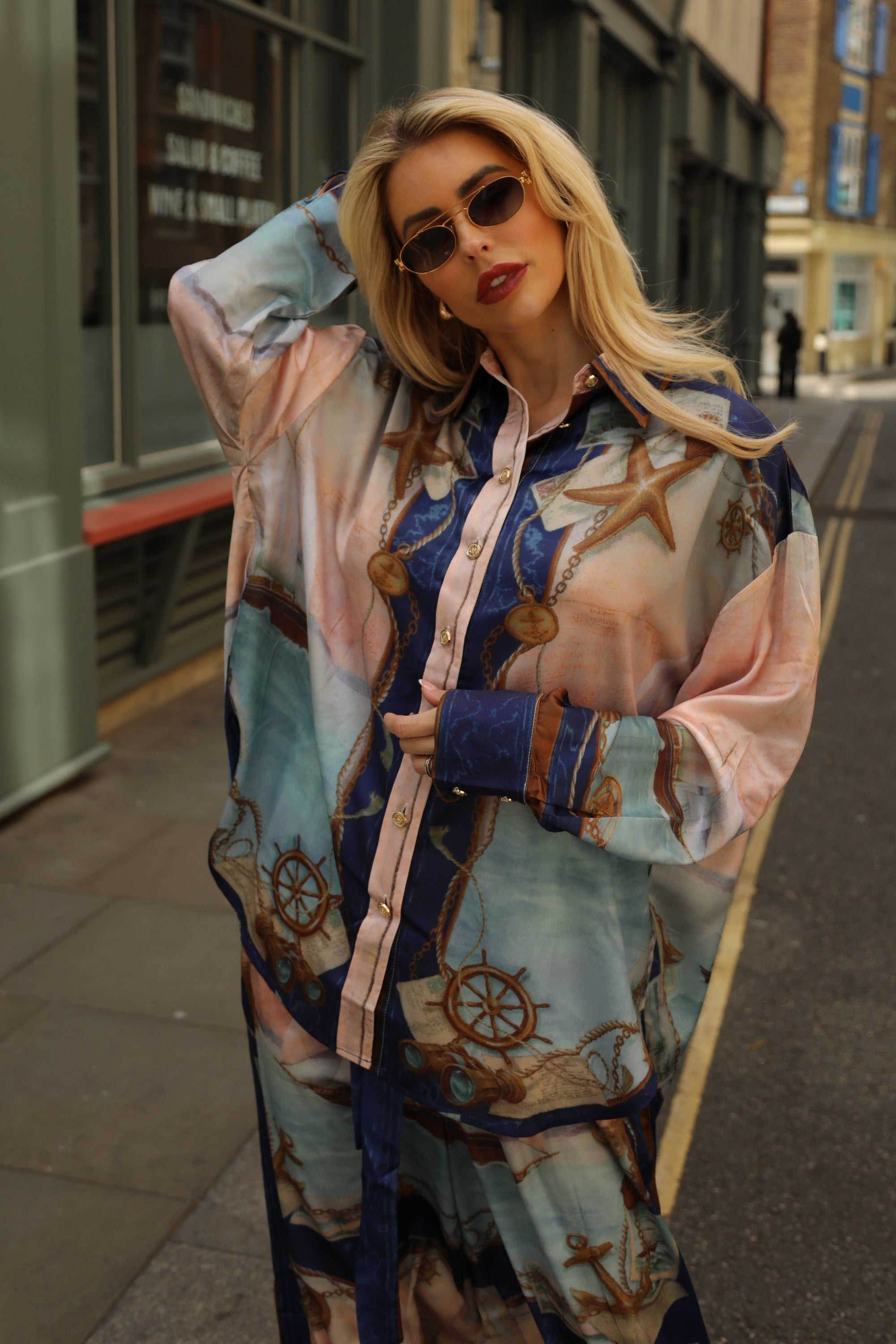 Ocean Treasure Print Relaxed Shirt &amp; Trousers Co-Ord Set In Blue