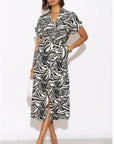 Multi Leaves' print Cotton Linen shirt dress short sleeves in Black