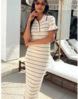 Knitted maxi dress with polo neck in Short Sleeves Beige colour