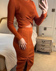 Long Sleeve Knit crop top with side lace up midi skirt co-ords in brown