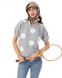 Floral Pattern Embroidered Soft knit Short Sleeves Jumper in Grey