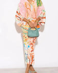 Leaves and Floral Scarf Pirnt Pleated Dress in Kimono sleeves in pink