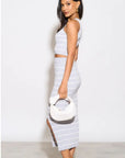 Knitted stripe print vest top and midi skirt co-ords set in grey