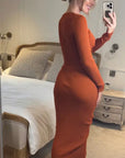 Long Sleeve Knit crop top with side lace up midi skirt co-ords in brown