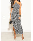 High-neck sleeveless metallic-knit with pattern print maxi dress in Sliver