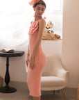 Knitted stretch cotton Bodycon midi dress with Camellias Brooches in pink