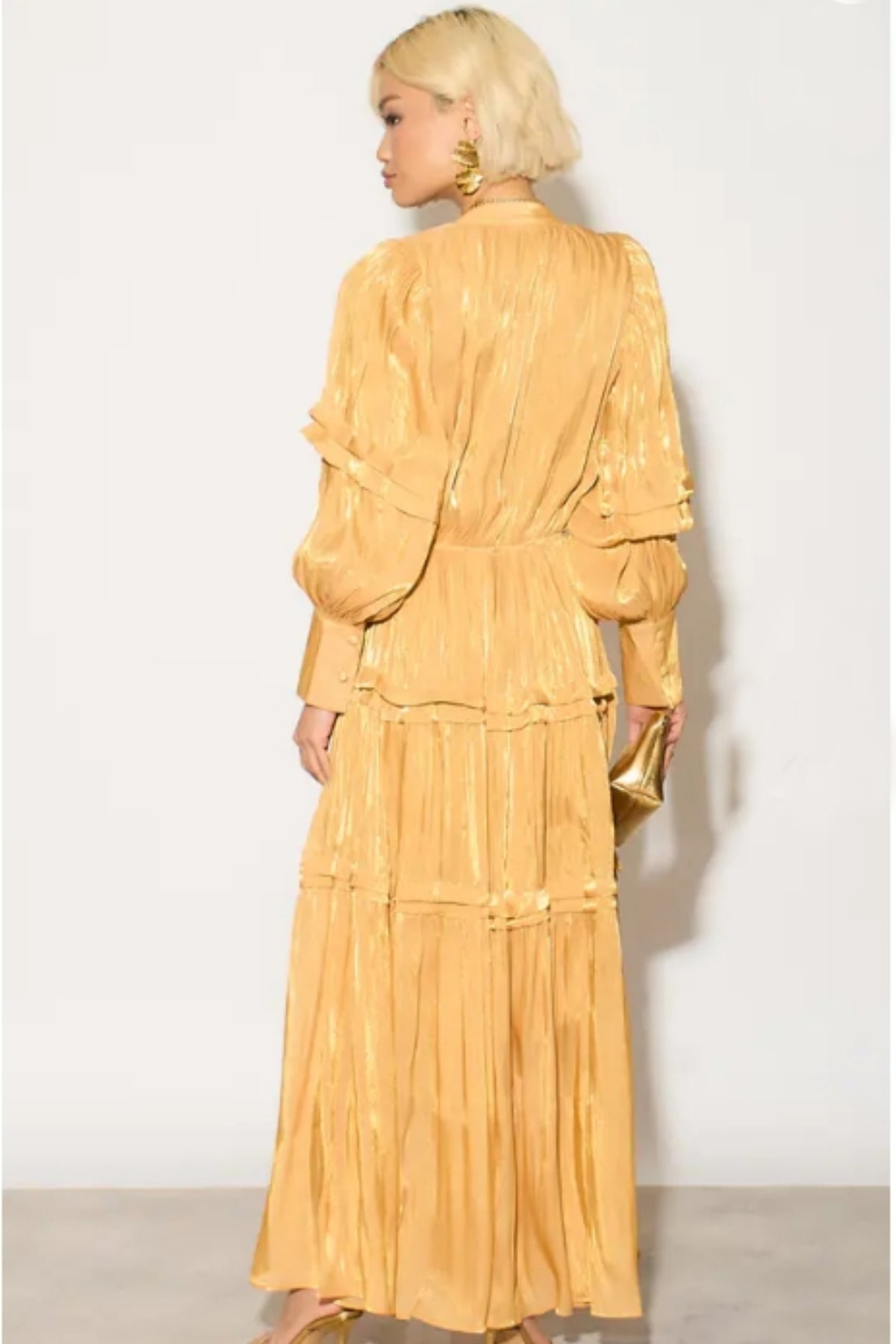 Silky feeling organza midi dress with ruffle design on sleeves and skirt hem