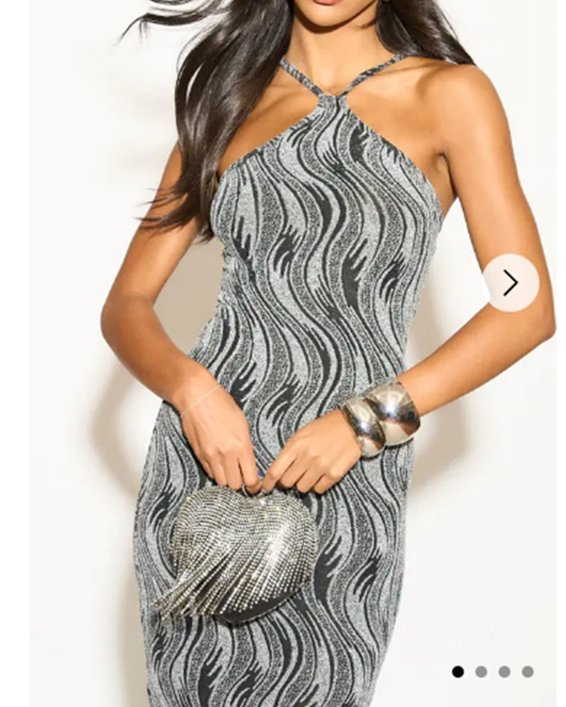 High-neck sleeveless metallic-knit with pattern print maxi dress in Sliver