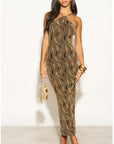 High-neck sleeveless metallic-knit with pattern print maxi dress in Gold