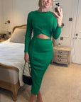 Long Sleeve Knit crop top with side lace up midi skirt co-ords in green