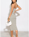 Knitted stripe print with straps design midi bodycon dress in cream