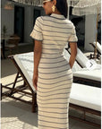 Knitted maxi dress with polo neck in Short Sleeves Beige colour