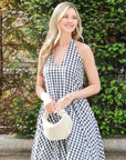 Sabrina gingham check print linen blend midi dress in Black