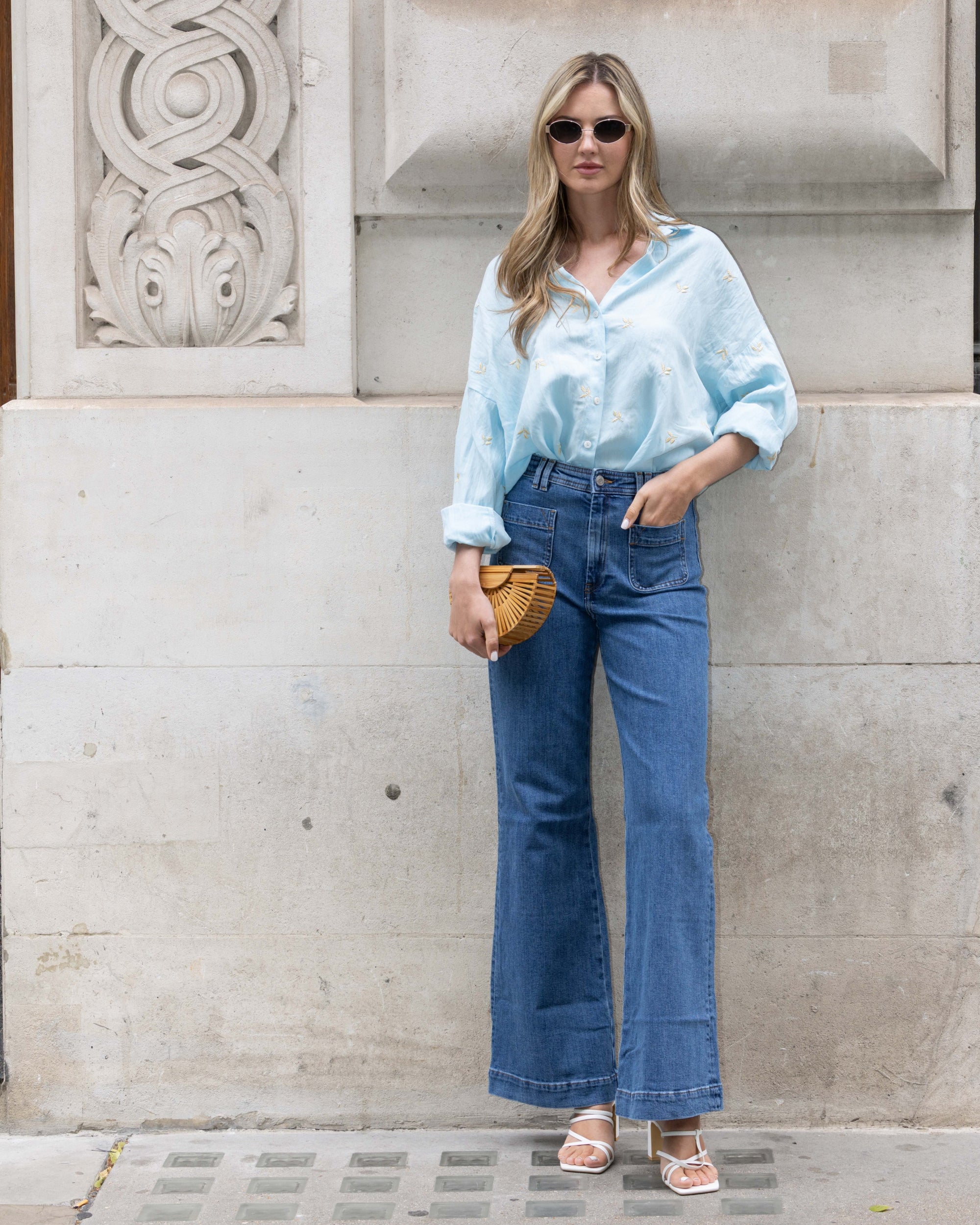 Gold Leave&#39;s Embroidered Shirt in Soft cotton fabric in Blue