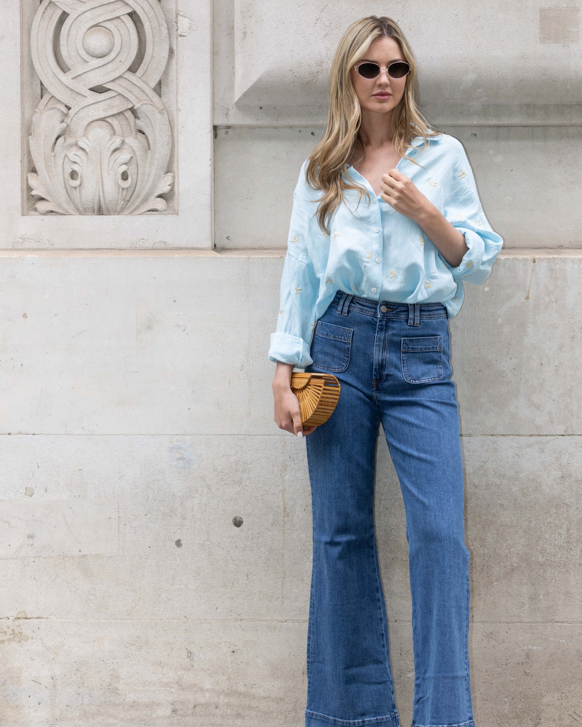 Gold Leave&#39;s Embroidered Shirt in Soft cotton fabric in Blue