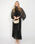 Pleated long dress with organza pleated cape sleeves