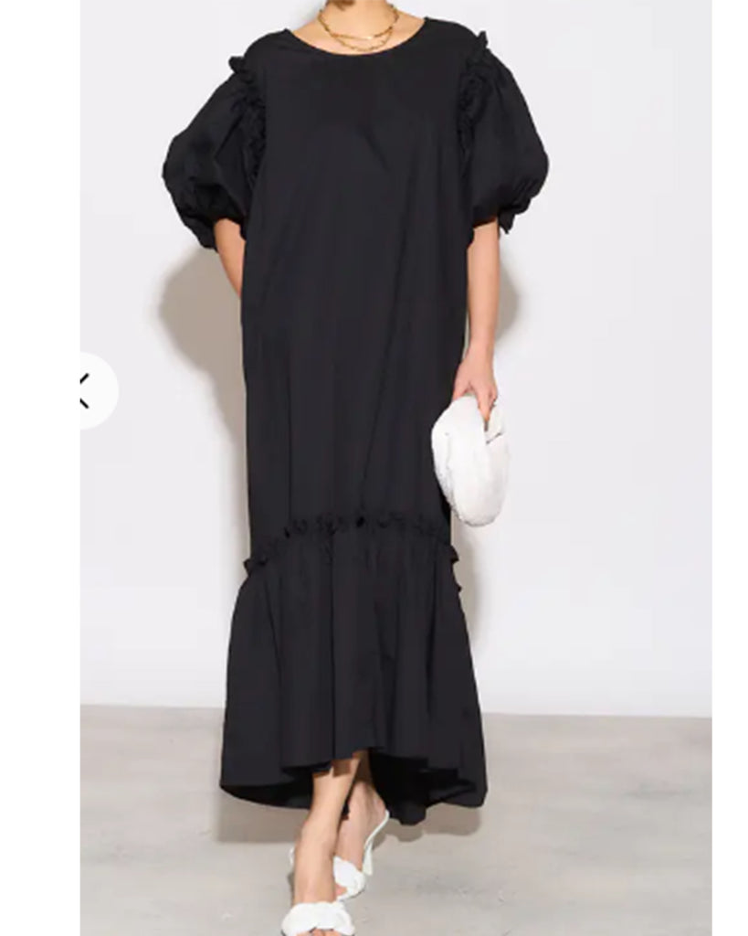 Oversized Puff Sleeves ruffle hem design Maxi dress in Black